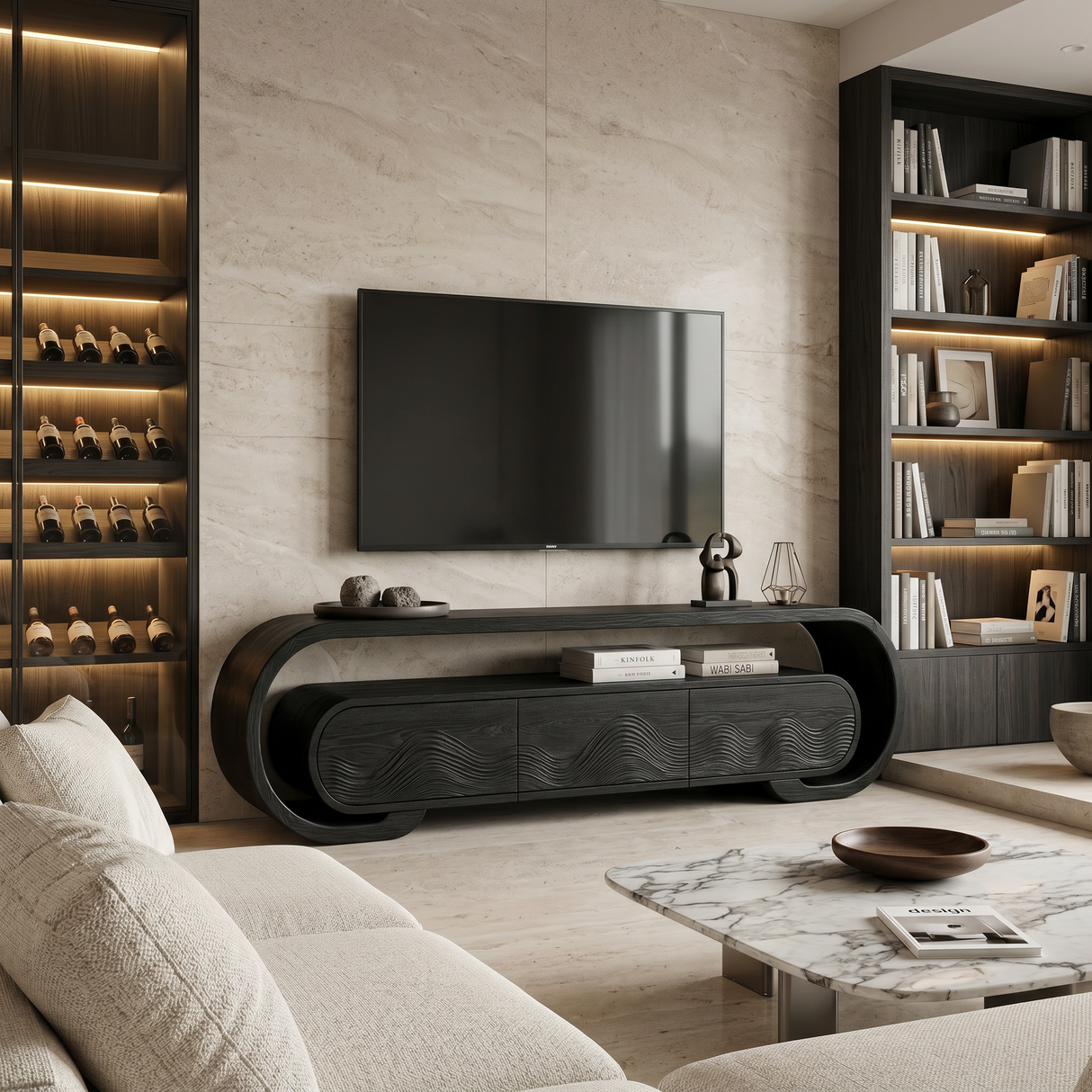 Contemporary TV Stand With Layered Wave Carved Doors For Living