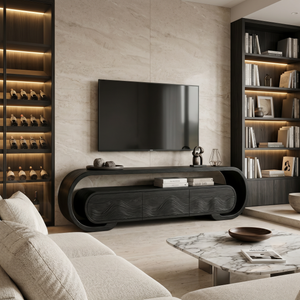 Contemporary TV Stand With Layered Wave Carved Doors For Living