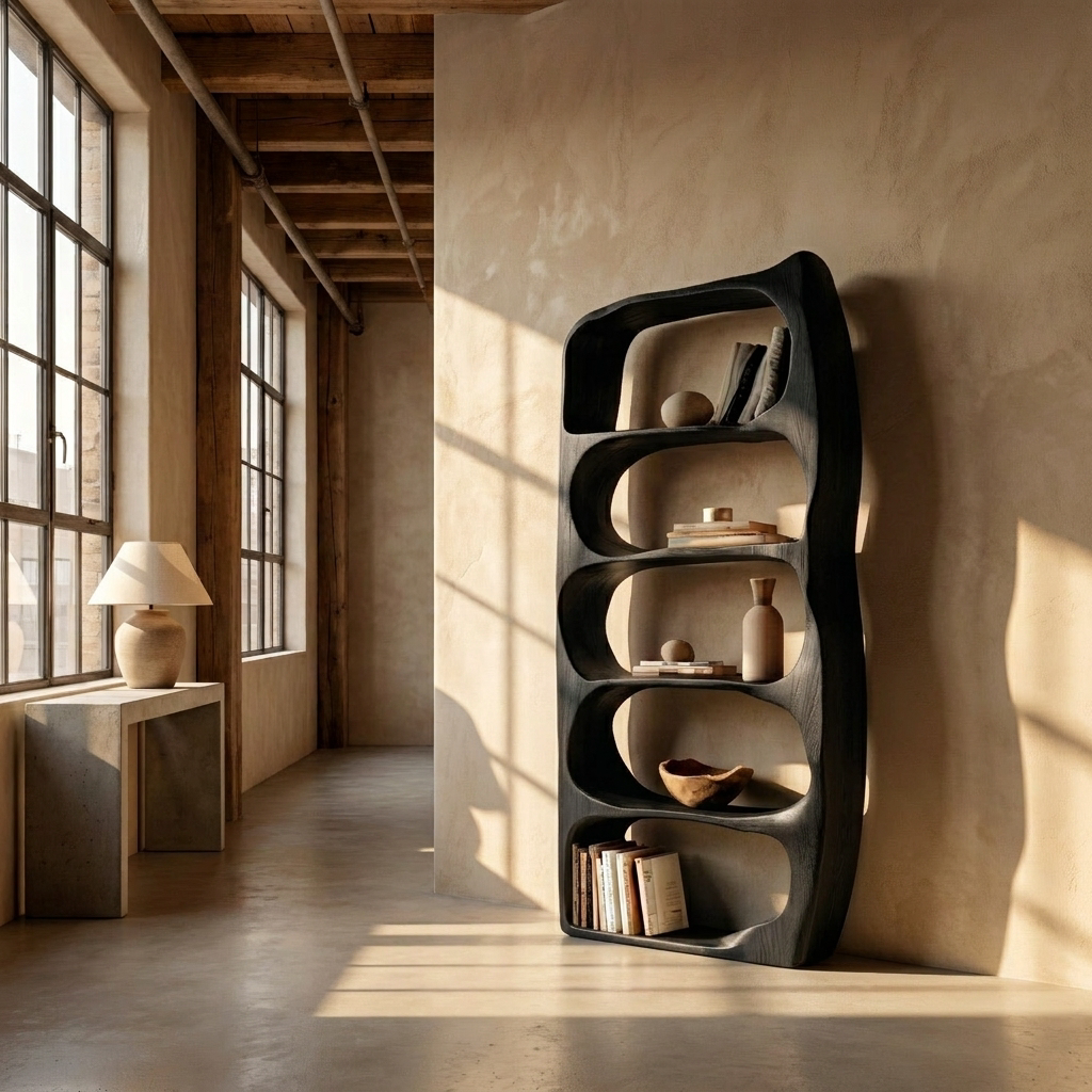 Handcrafted Sculptural Wooden Standing Shelf For Home Decor