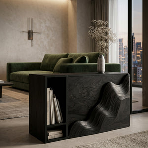 Organic Wooden Side Table With Carved Wave Front For Living