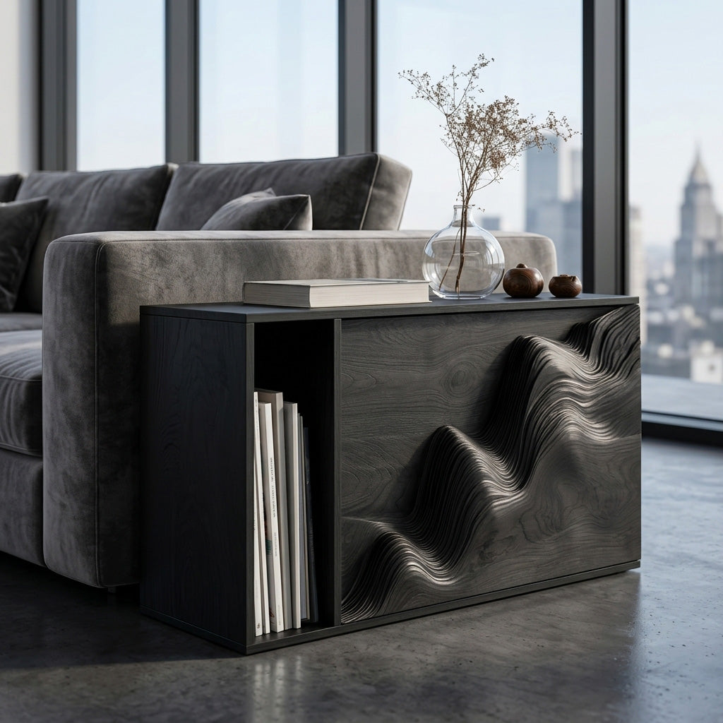 Modern Wooden Sculptural Wave Front Side Table For Living Room