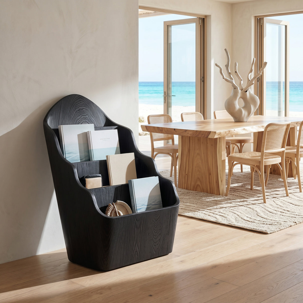 Organic Wooden Curved Tiered Magazine Rack For Living Room