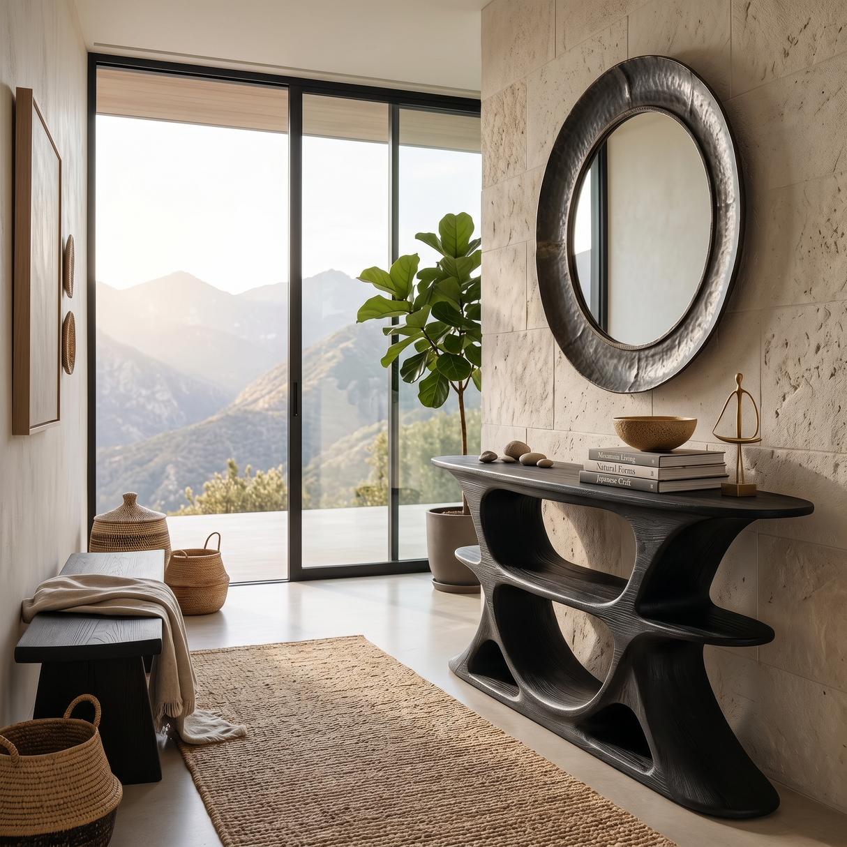 Organic Console Table With Multi Level Cutout Shelves For Living