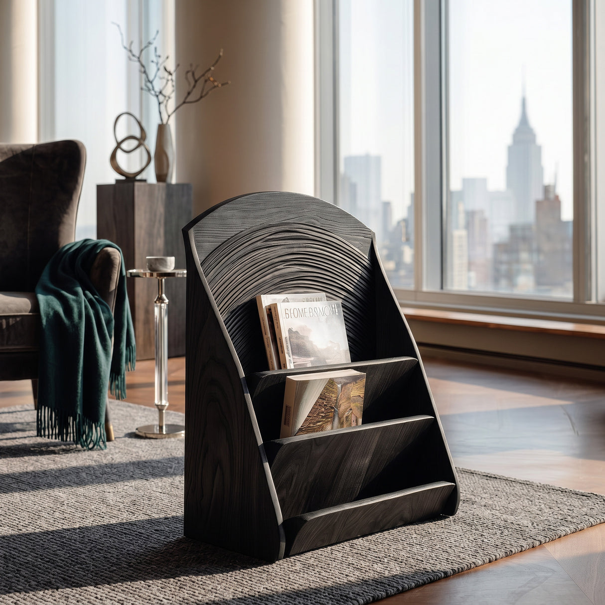 Organic Carved Wooden Magazine Rack For Home Storage
