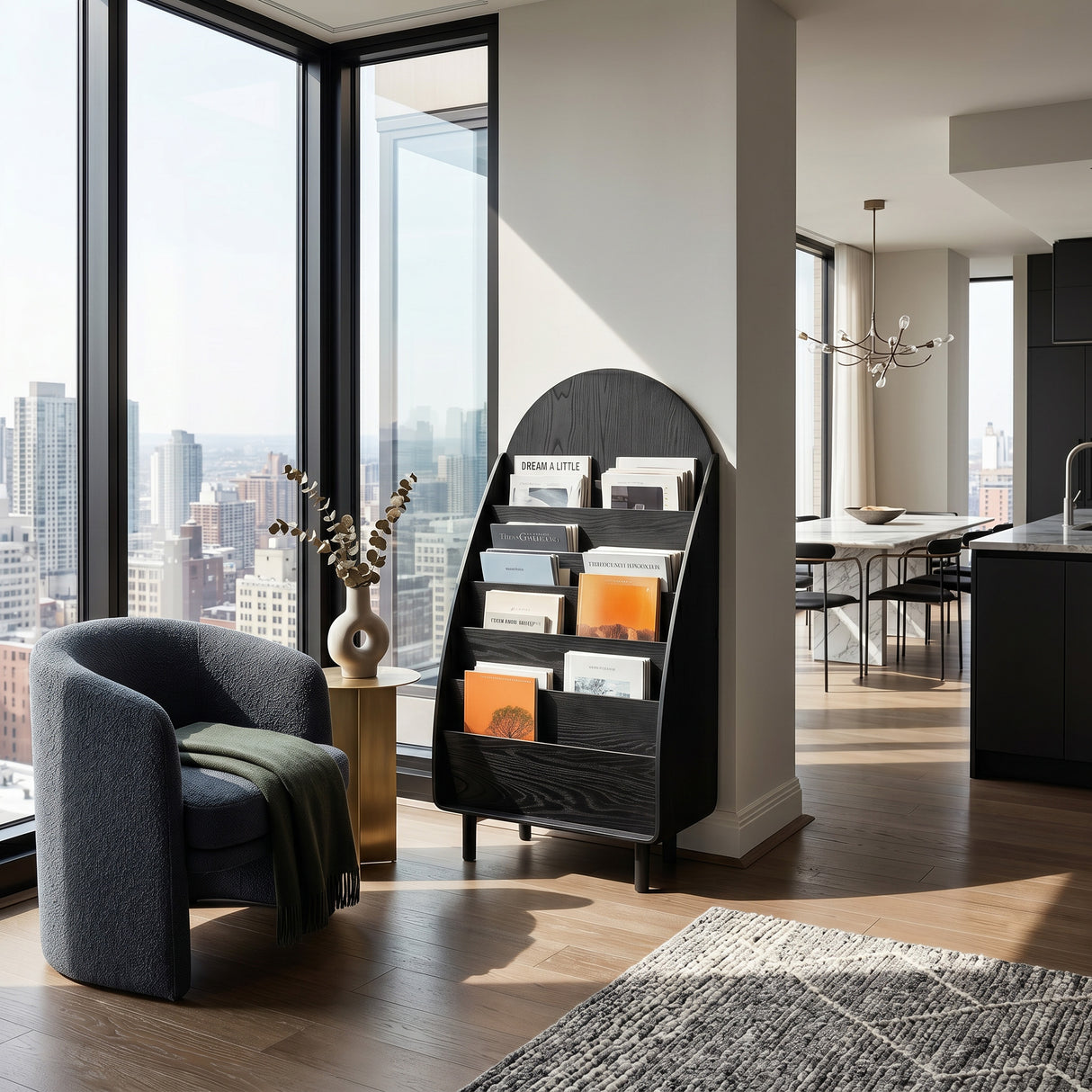 Contemporary Wooden Arched Magazine Rack With Tiers For Living Room