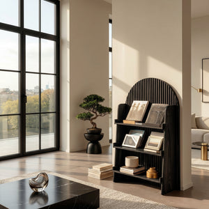 Handcrafted Wooden Carved Arch Magazine Rack For Reading Nook