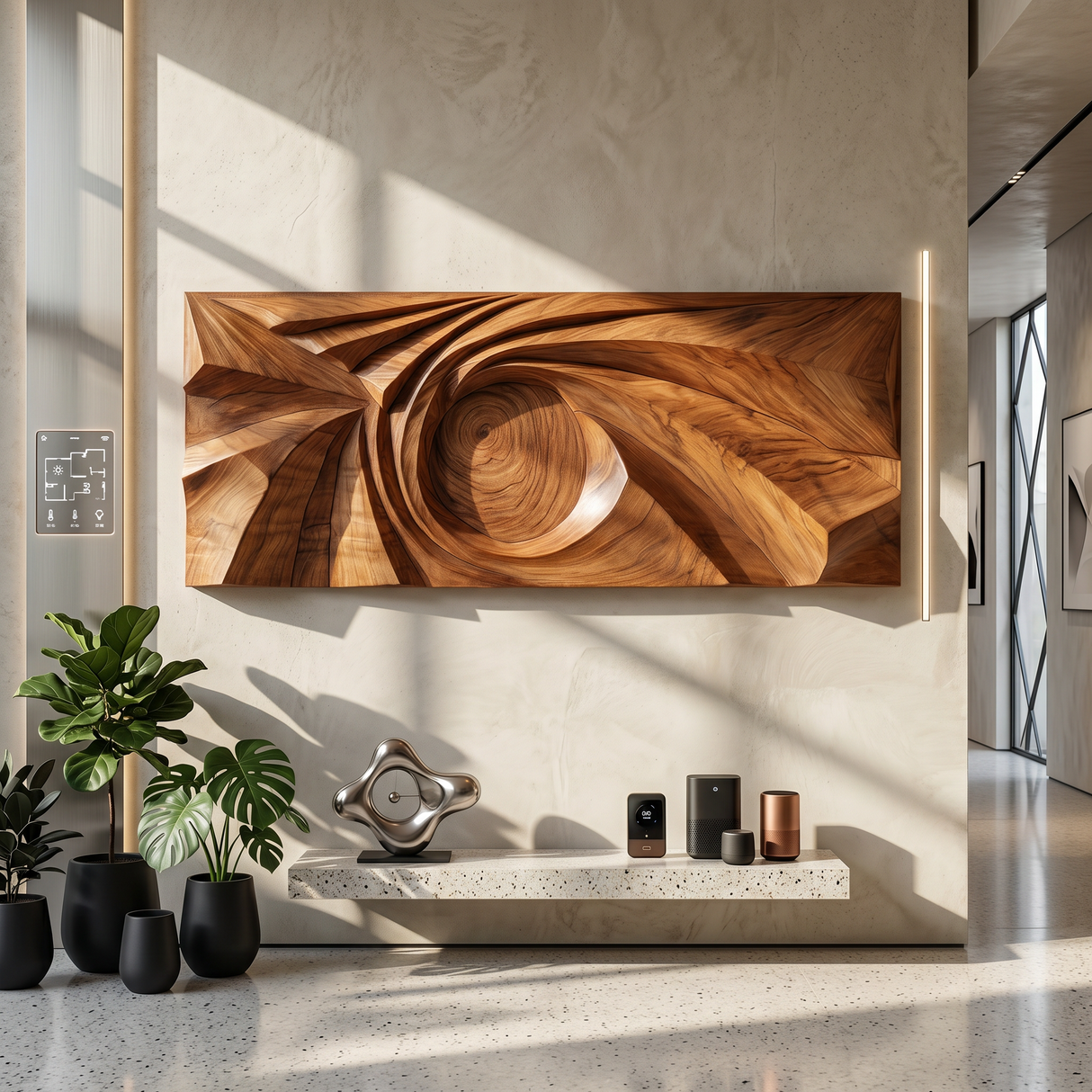Contemporary Wall Sculpture With Geometric Carving For Entryway