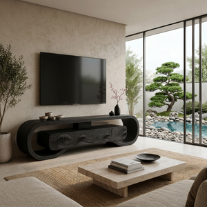 Wooden TV Stand With Carved Ocean Wave For Luxury Home