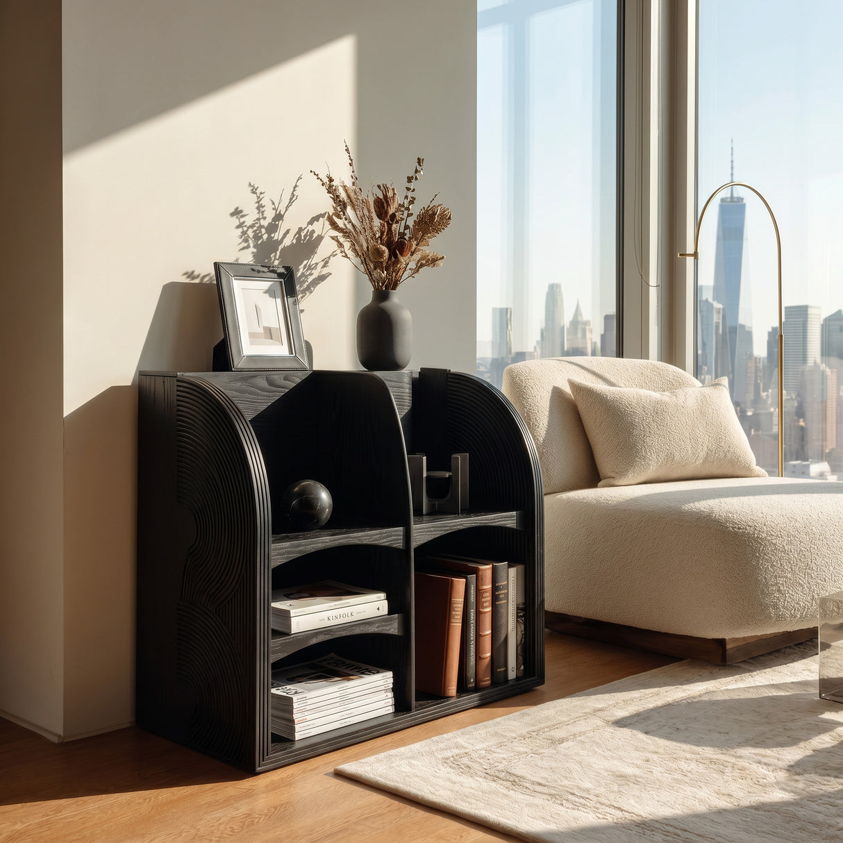 Modern Natural Wood Double-Arch Magazine Rack For Living Room