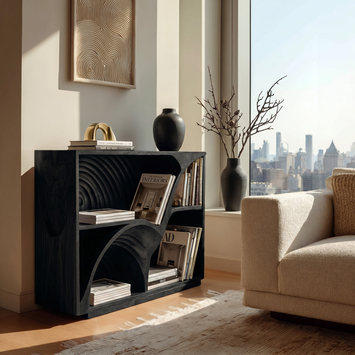 Modern Wooden Magazine Rack With Carved Compartments For Living Room