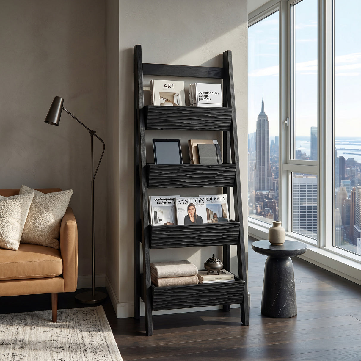 Contemporary Wooden Ladder Magazine Rack For Living Room