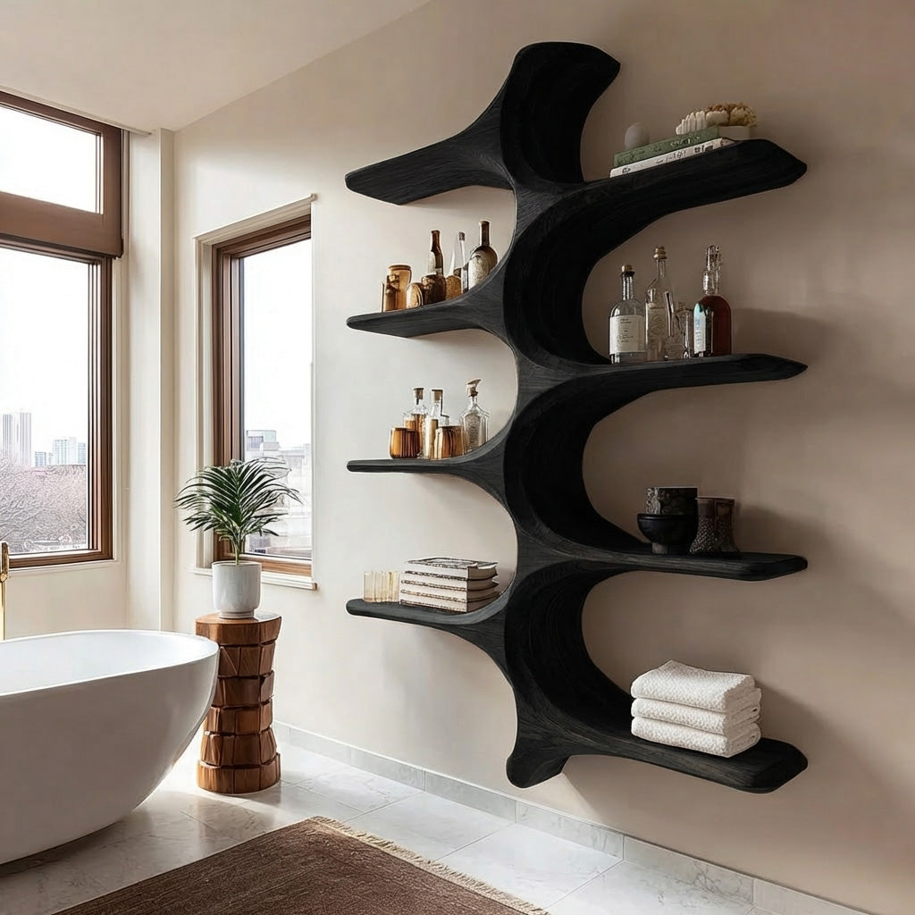 Organic Sculptural Natural Wood Bathroom Shelf For Spa