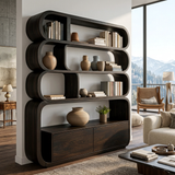 Modern Natural Wood Bookshelf With Curved Structure For Living Room