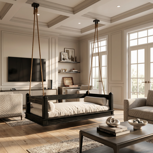 Mediterranean Wooden Hanging Daybed Swing Luxury Villa Patio