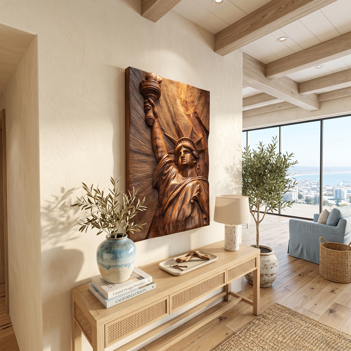 Tropical Liberty Statue Wood Wall Art Luxury Resort Bedroom Decor