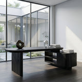 Contemporary Wooden L Desk With Rounded Form For Creative Studio