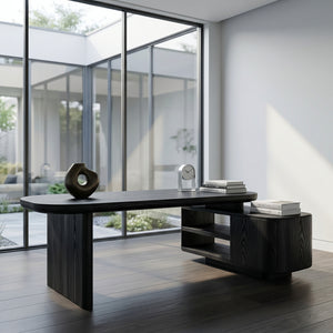 Contemporary Wooden L Desk With Rounded Form For Creative Studio