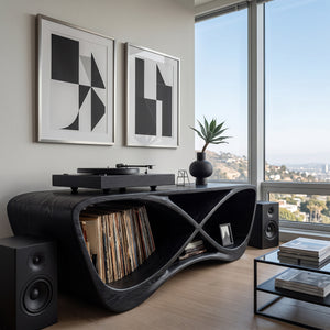 Contemporary Curved Wooden Record Player Console For Living Room