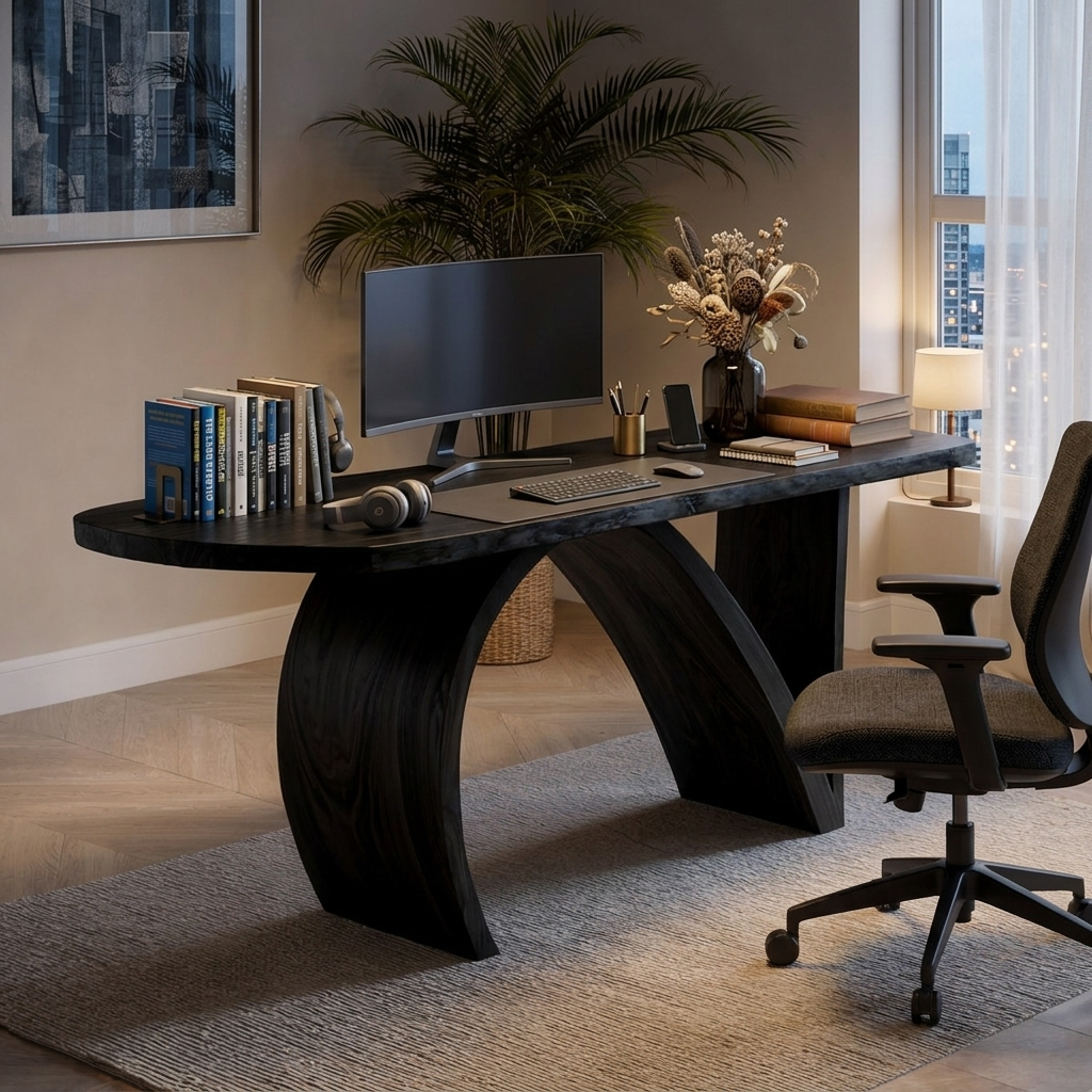 Contemporary Wooden Desk With Artistic Base For Home Workspace