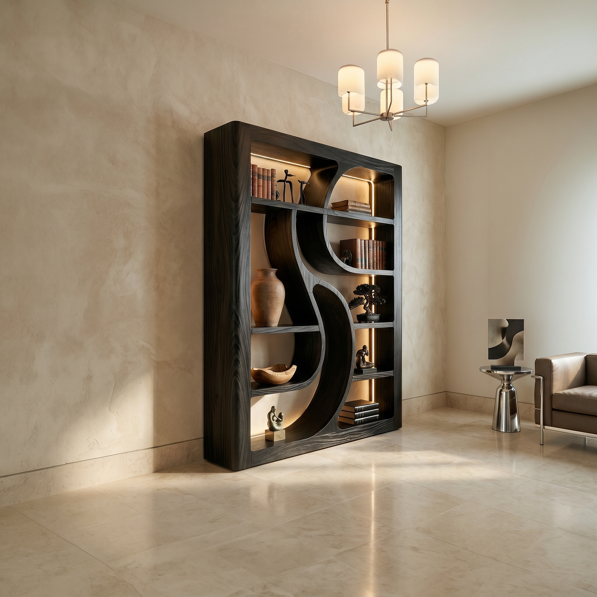 Luxury Wooden Bookshelf Featuring Ambient LED Shelving
