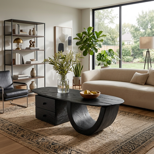 Modern Wood Oval Coffee Table With Drawer For Living Room