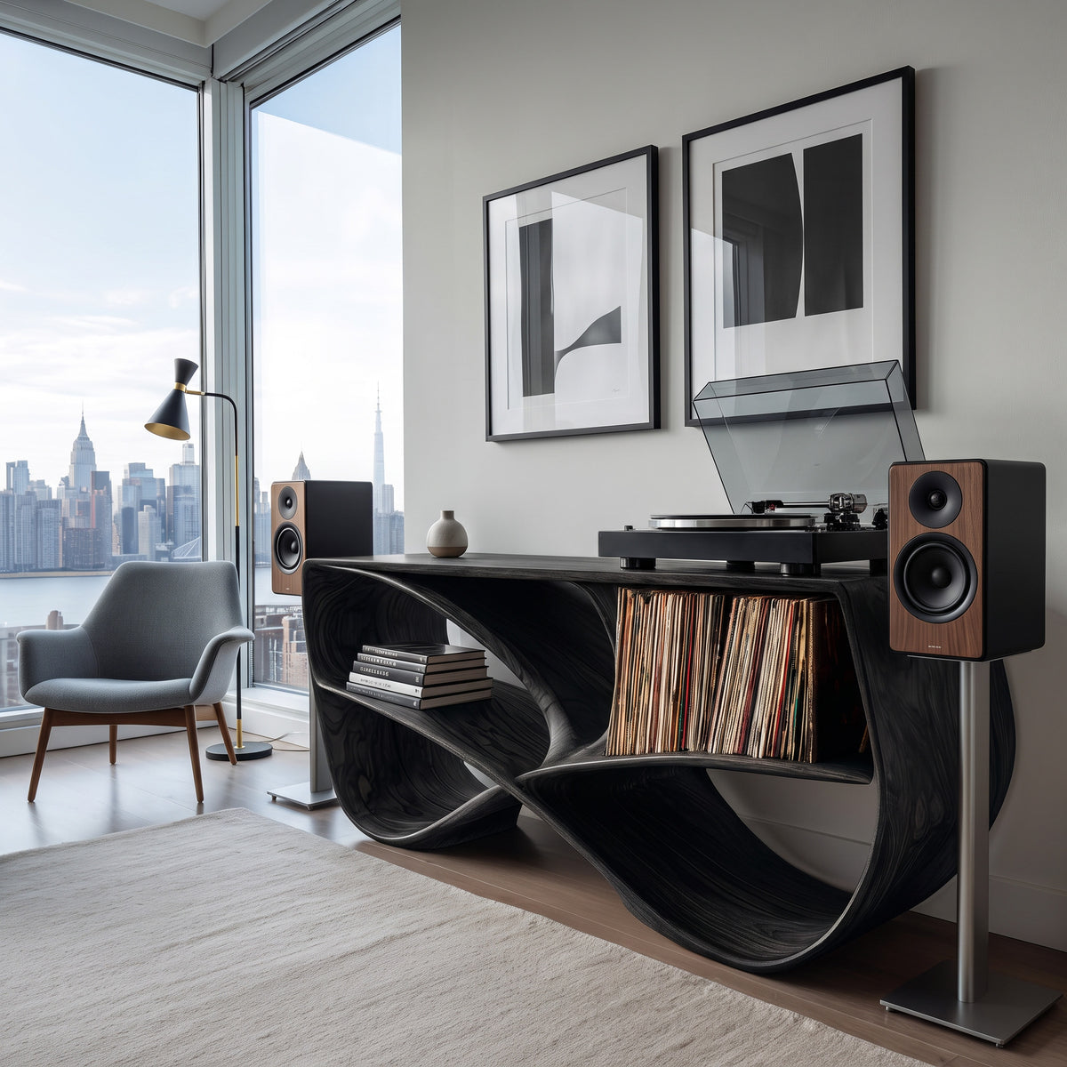 Modern Sculptural Wooden Record Player Console For Living Room