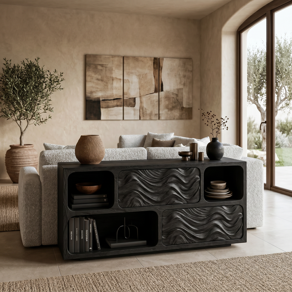 Modern Console Table With Carved Doors And Open Shelves For Entryway