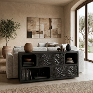 Modern Console Table With Carved Doors And Open Shelves For Entryway