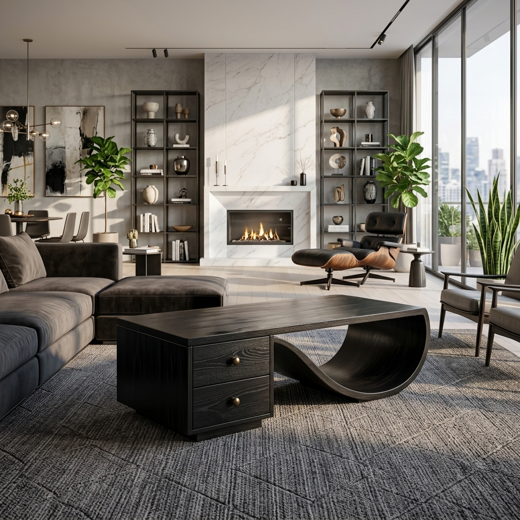 Wood Coffee Table With Unique Curved Base And Drawer For Home