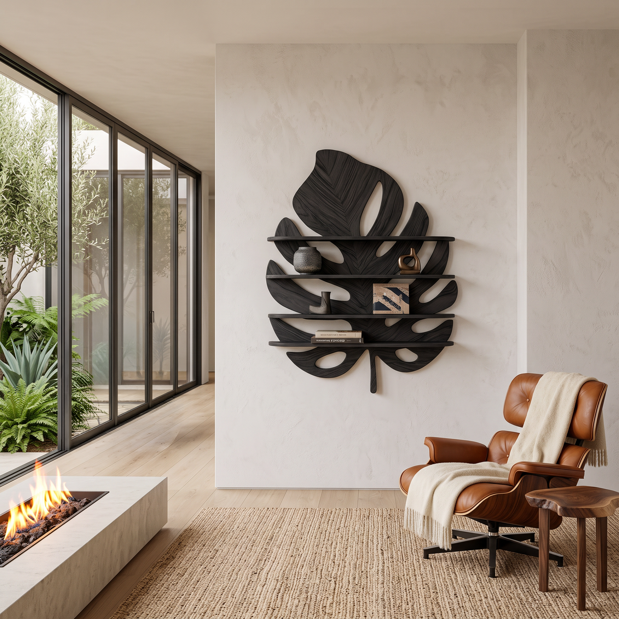 Artistic Wooden Tropical Leaf Wall Mounted Bookshelf For Home Decor