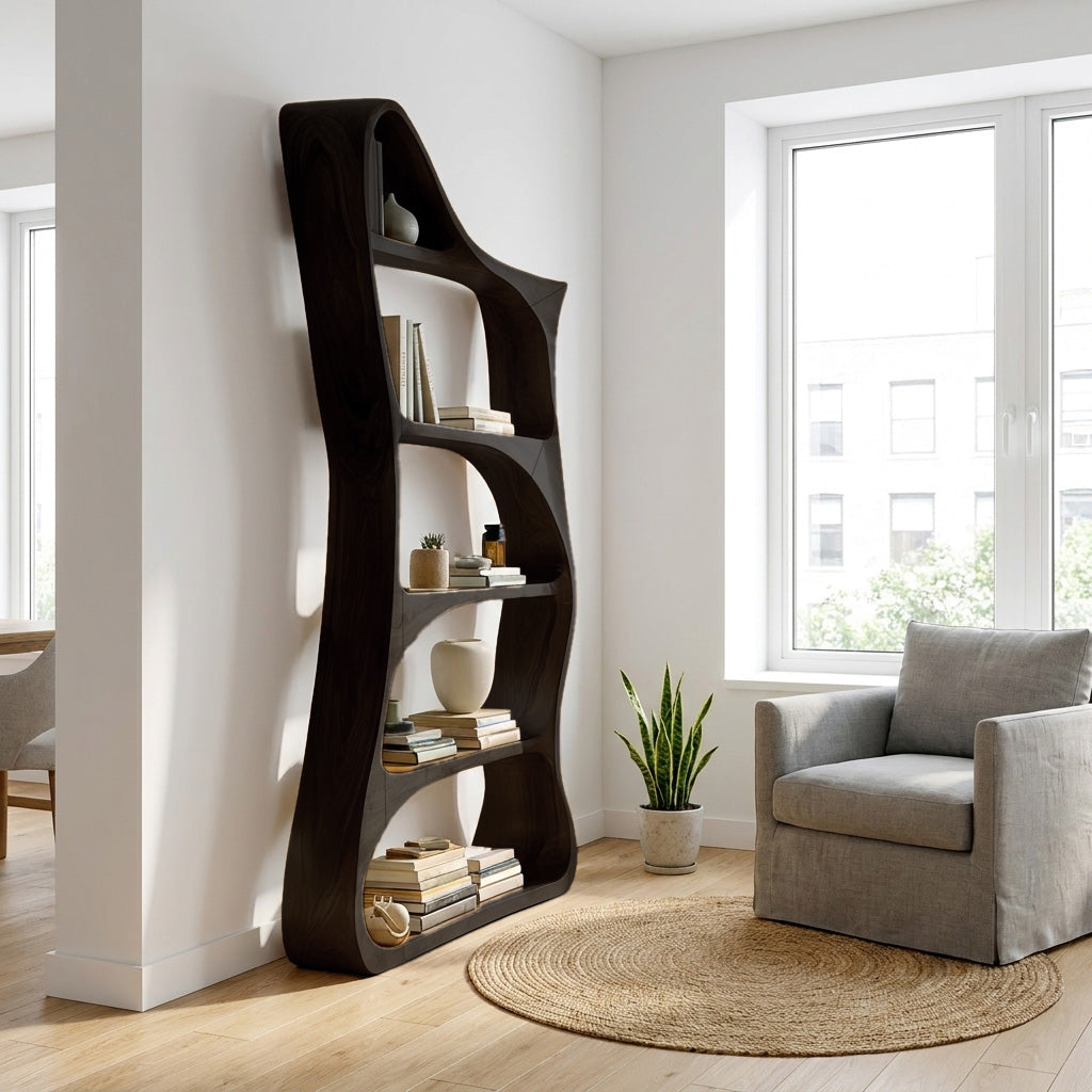 Modern Sculptural Natural Wood Bookshelf For Living Room