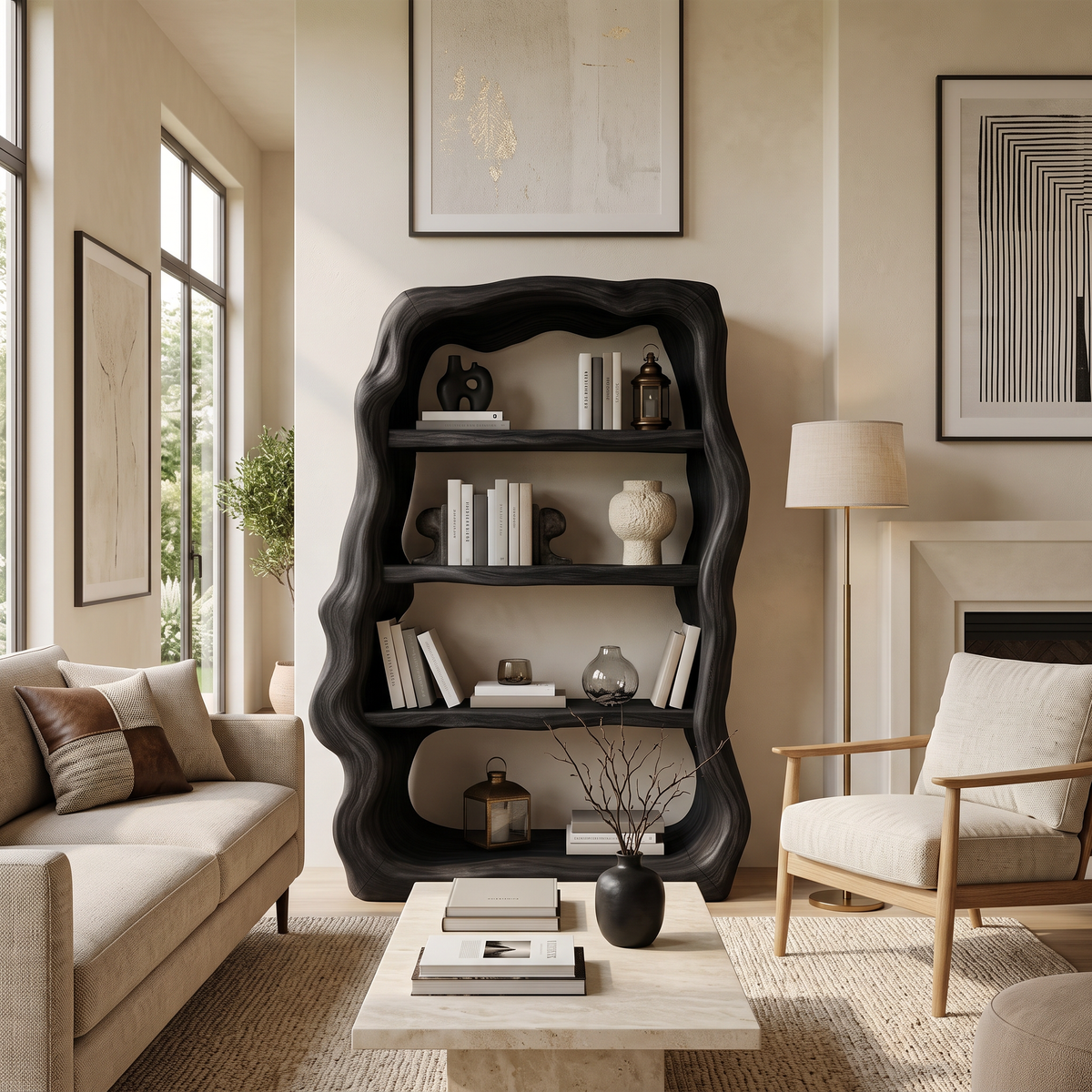 Rustic Sculptural Wooden Bookshelf With Carved Frame For Living Room Or Library