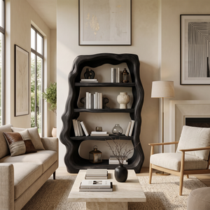Rustic Sculptural Wooden Bookshelf With Carved Frame For Living Room Or Library