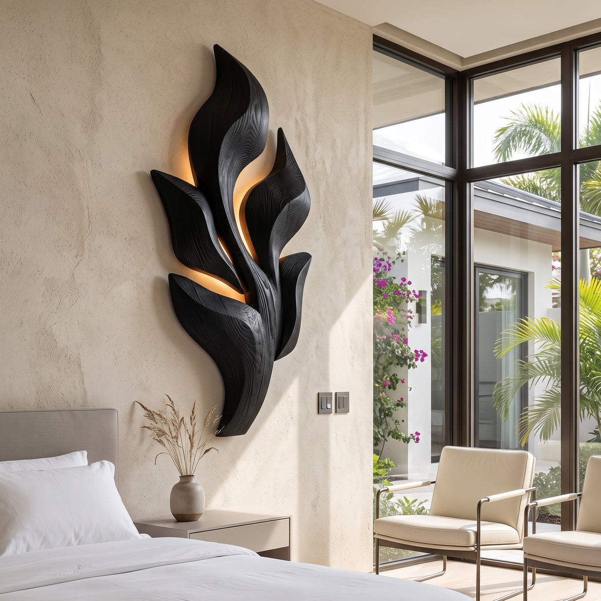 Sculptural Wooden Leaf Wall Art With Warm Light For Home