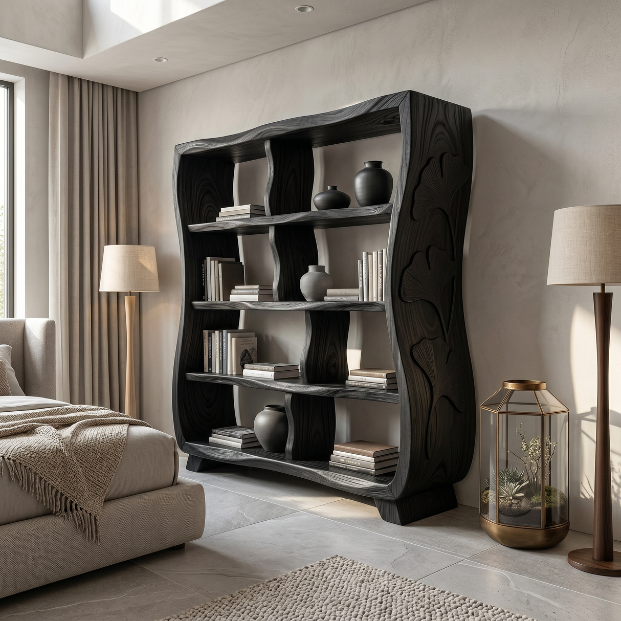 Handcrafted Wooden Bookshelf With Ginkgo Leaf Accents