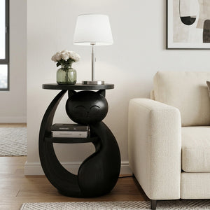 Whimsical Cat Shaped Wooden Side Table For Bedroom