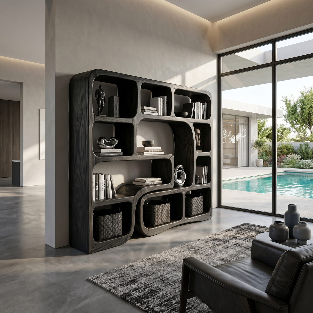 Luxury Wooden Bookcase With Organic Wave Design