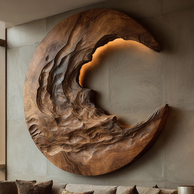Organic Modern Crescent Wood Wall Art With Light For Living Room