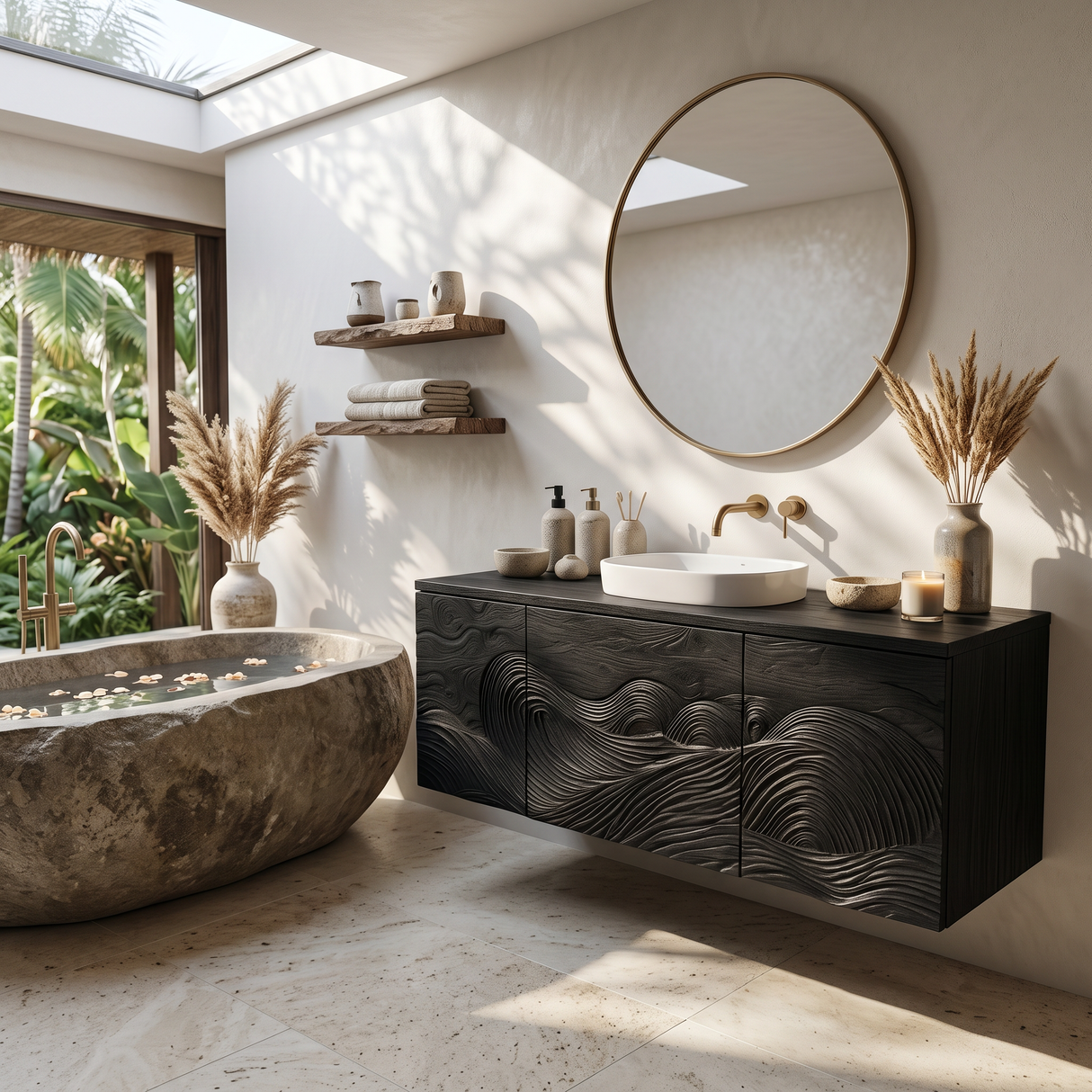 Sculptural Bathroom Vanity Wave Texture Wood Cabinet For Luxury Bathroom