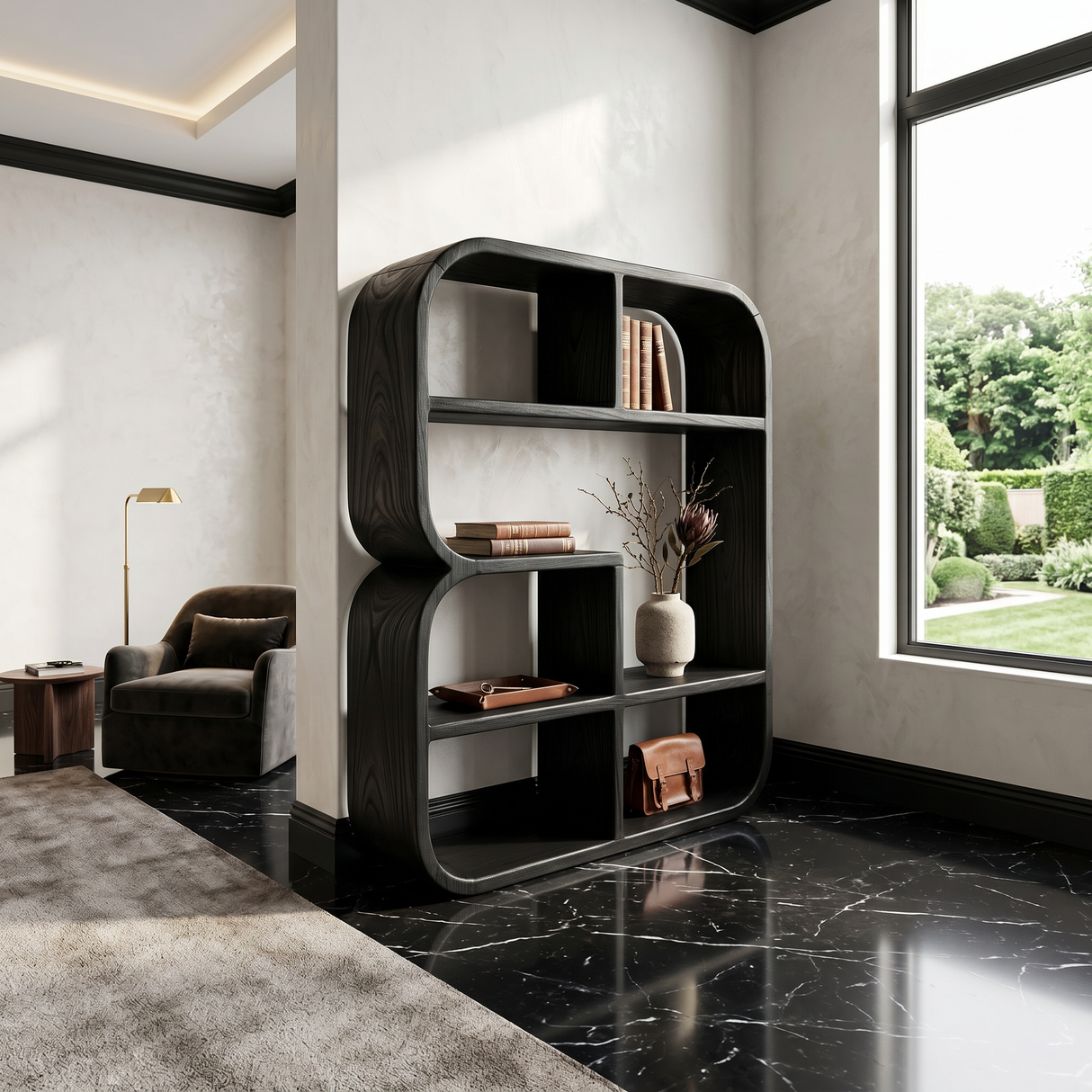 Modern Curved Wooden Bookshelf In Coastal Style