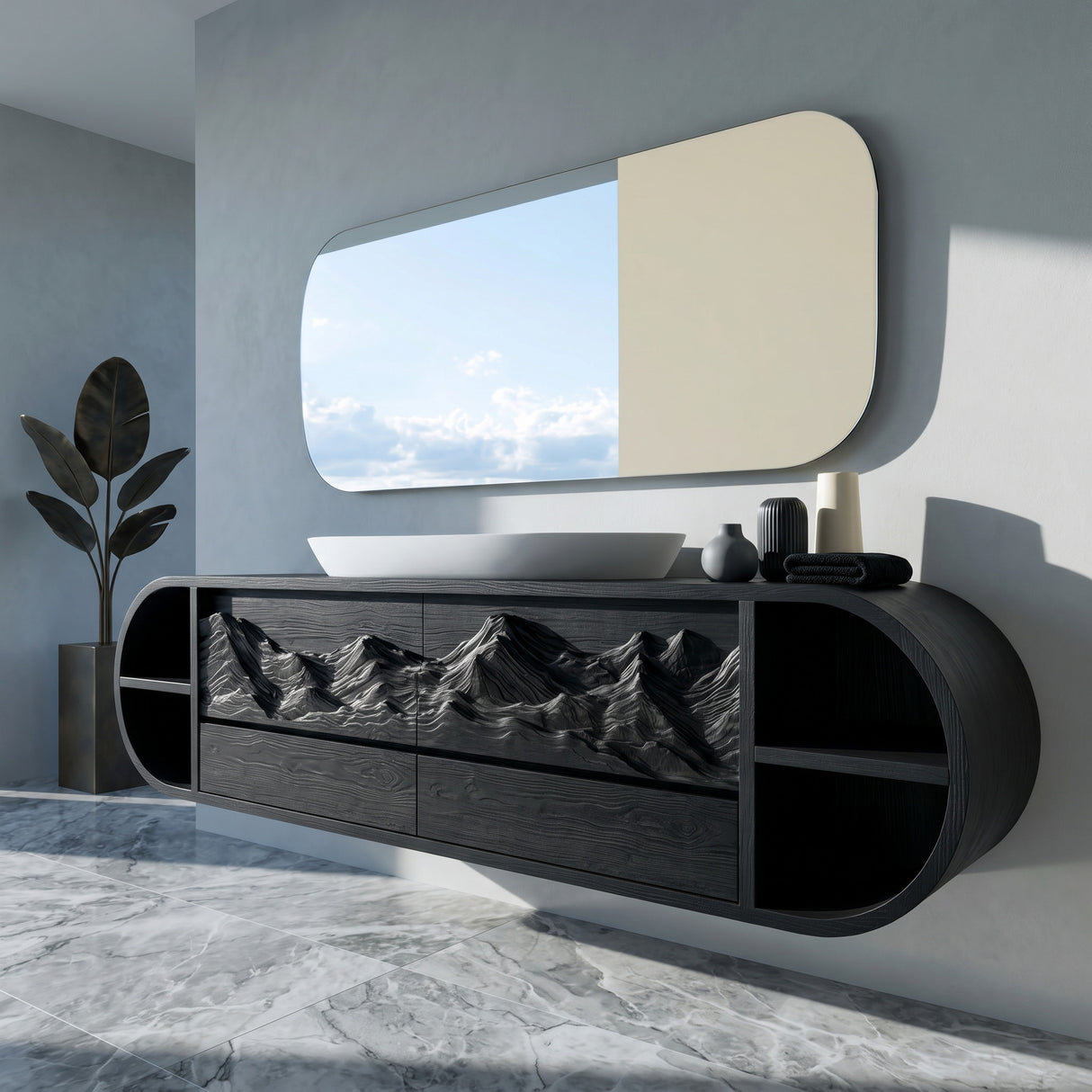 Modern Mountain Carved Floating Bathroom Vanity For Luxury Bathroom
