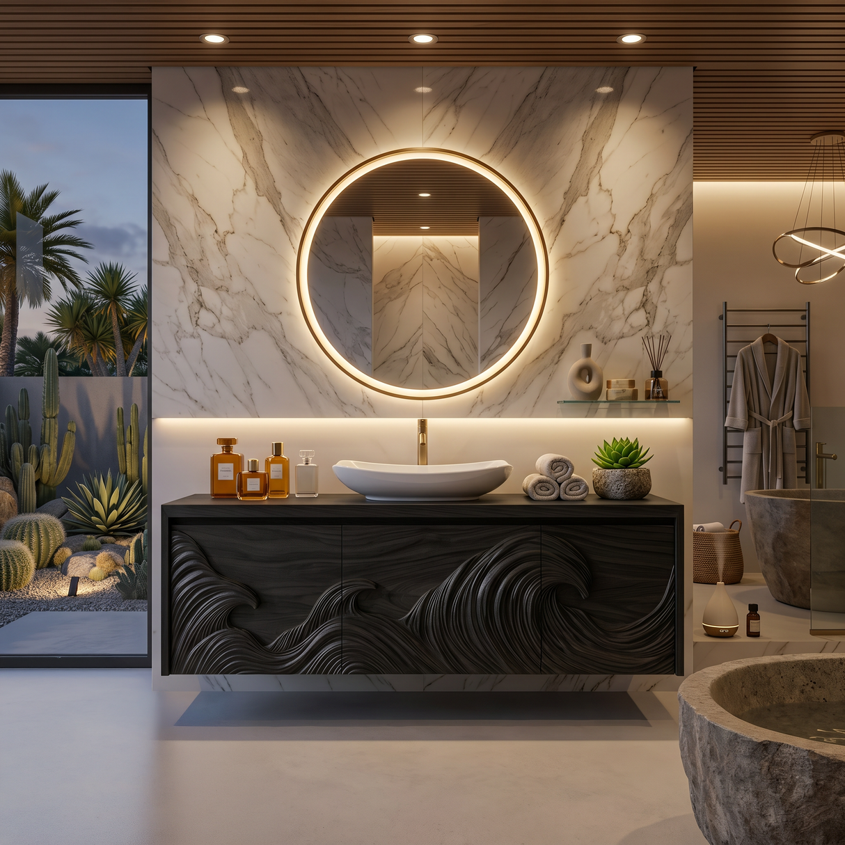 Luxury Floating Bathroom Vanity With Wave Carved Cabinet For Bathroom