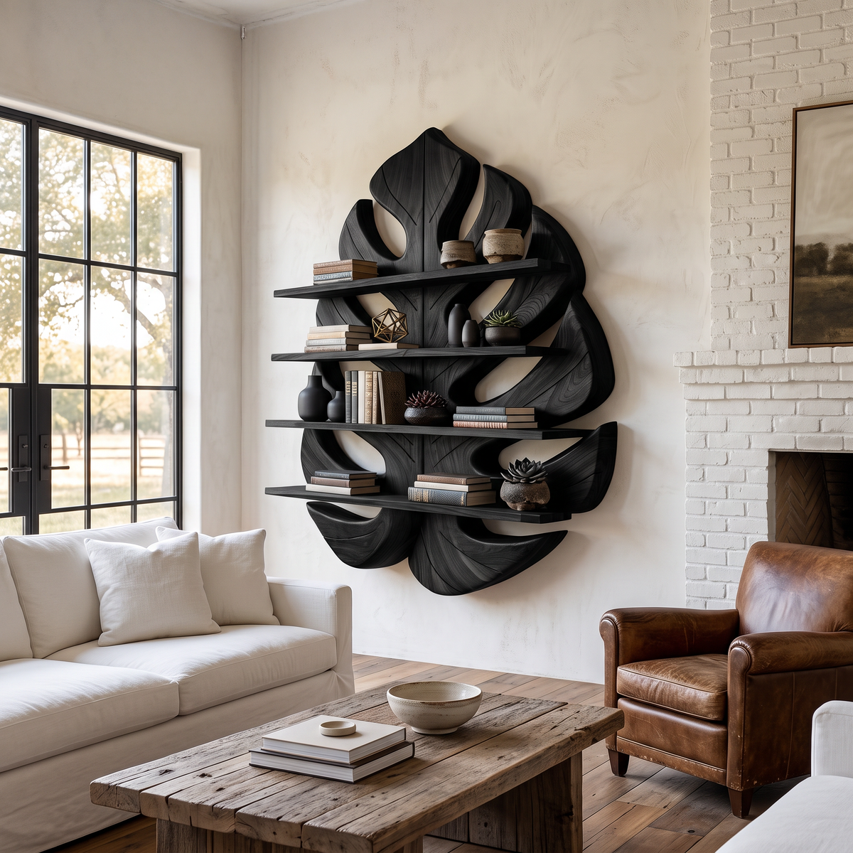Wooden Leaf Bookshelf For Living Room Plant And Book Display