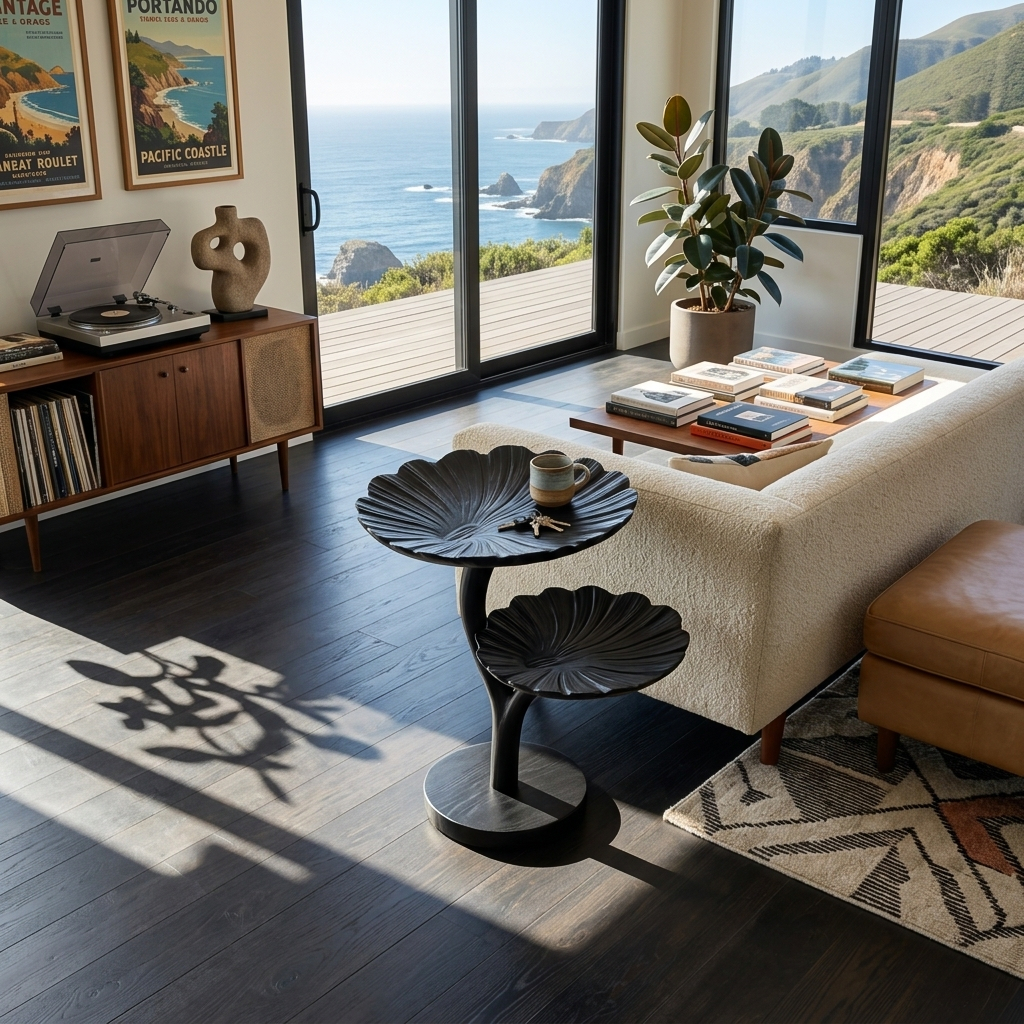 Wooden Side Table With Leaf Shape Top For Living Room