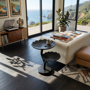 Wooden Side Table With Leaf Shape Top For Living Room