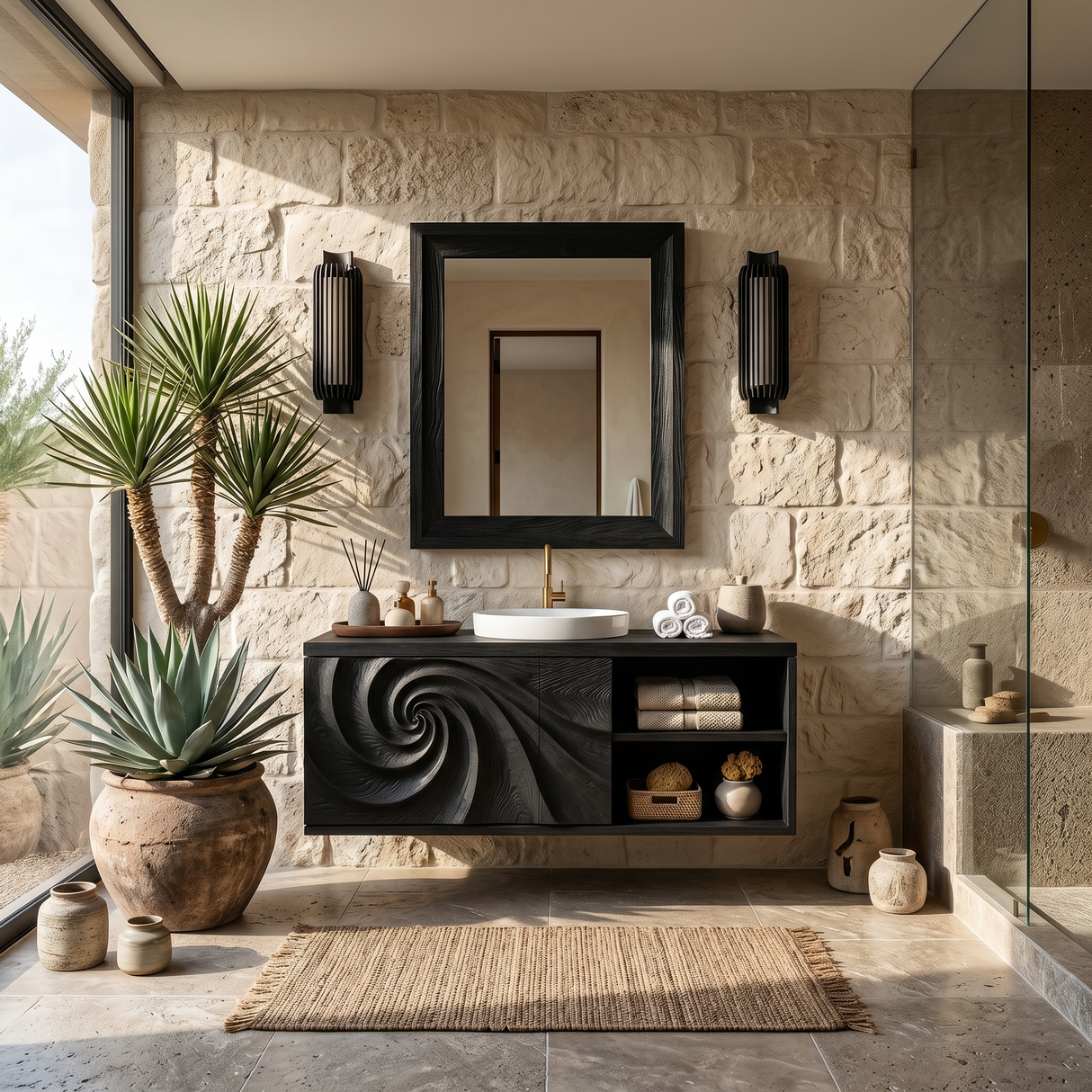 Luxury Floating Bathroom Vanity With Spiral Carved Cabinet For Bathroom