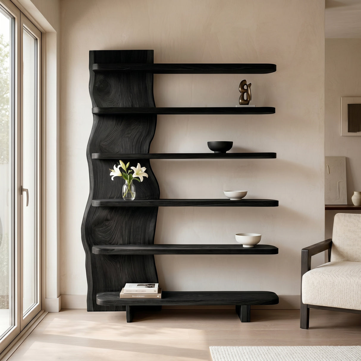 Modern Organic Wooden Standing Shelf For Lounge Area
