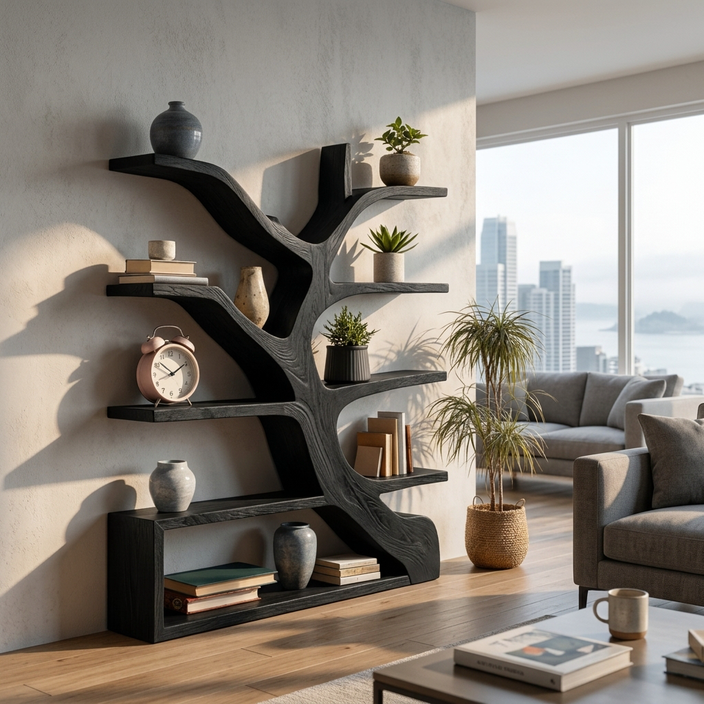 Organic Wooden Bookshelf Branch Form For Home Interior