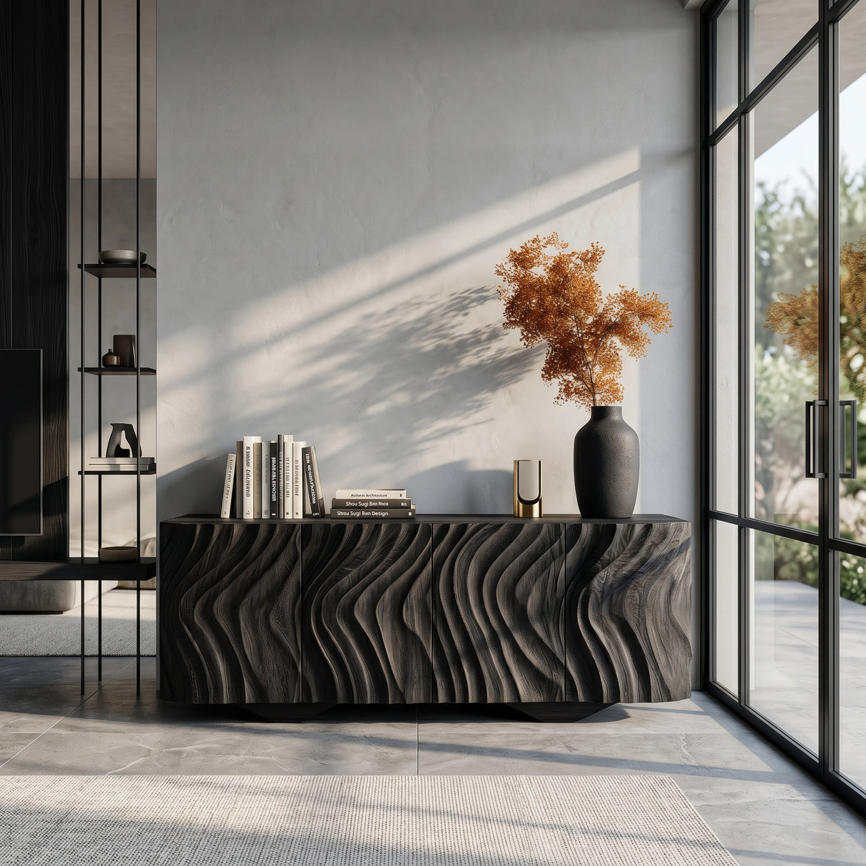 Farmhouse Wooden Sideboard With Carved Wave Doors For Living Storage