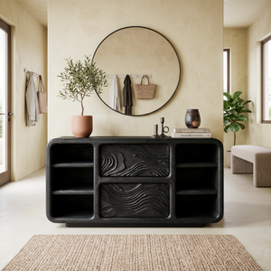 Handcrafted Console Table With Wave Carved Mid For Modern Living